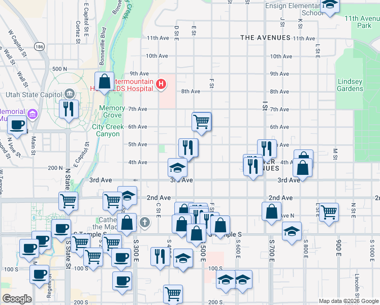 map of restaurants, bars, coffee shops, grocery stores, and more near 222 E Street East in Salt Lake City