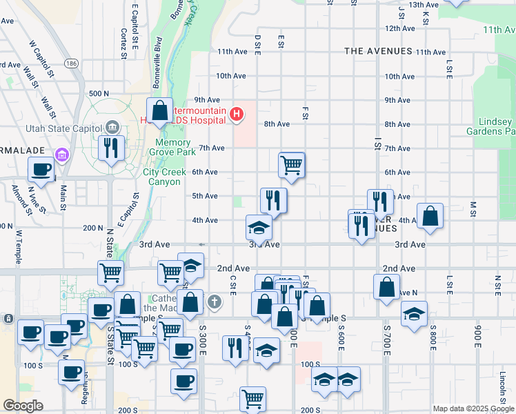map of restaurants, bars, coffee shops, grocery stores, and more near 217 D Street East in Salt Lake City