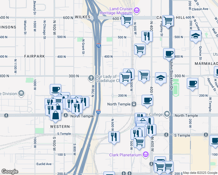 map of restaurants, bars, coffee shops, grocery stores, and more near 223 North 600 West in Salt Lake City