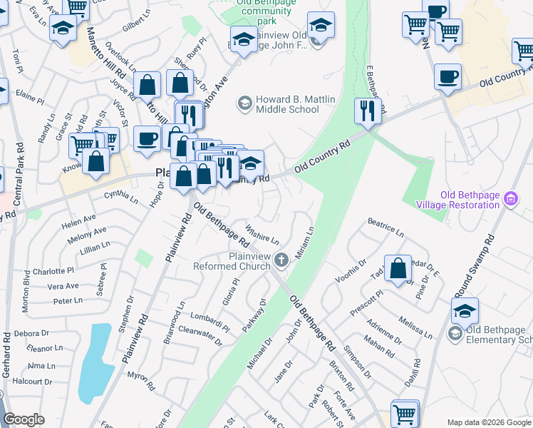 map of restaurants, bars, coffee shops, grocery stores, and more near 113 Palo Alto Drive in Plainview