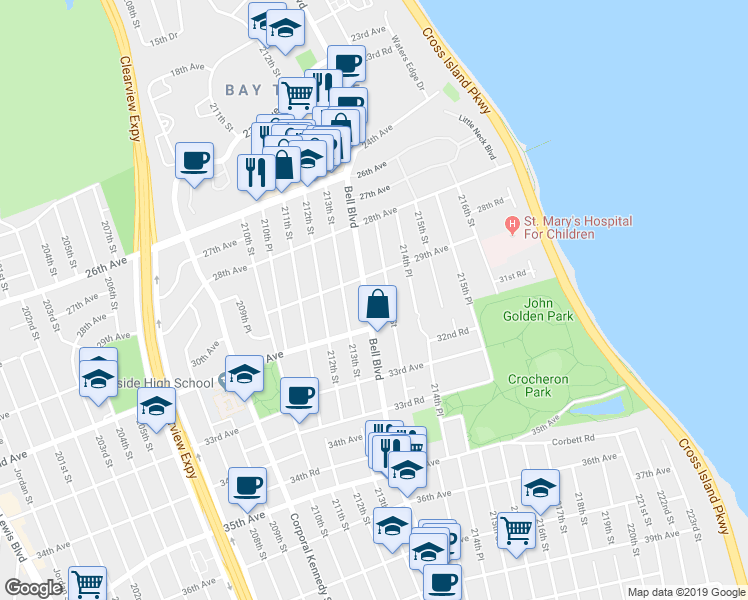 map of restaurants, bars, coffee shops, grocery stores, and more near 29-29 Bell Boulevard in Queens