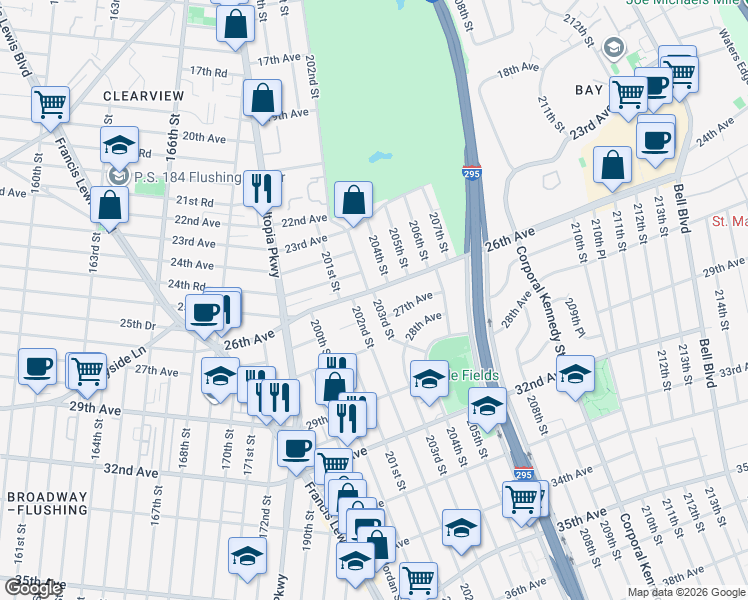 map of restaurants, bars, coffee shops, grocery stores, and more near 26-09 202nd Street in Queens