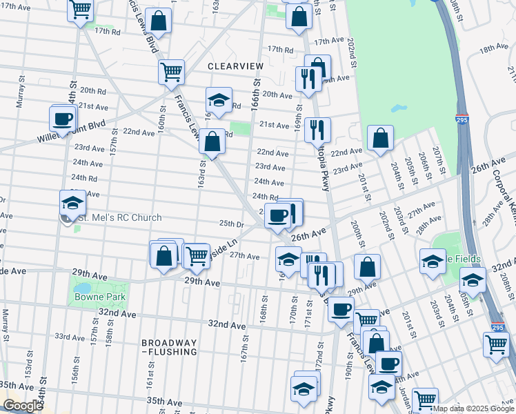 map of restaurants, bars, coffee shops, grocery stores, and more near 166-31 25th Avenue in Queens