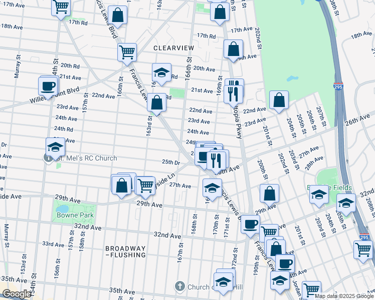 map of restaurants, bars, coffee shops, grocery stores, and more near 166-31 25th Avenue in Queens