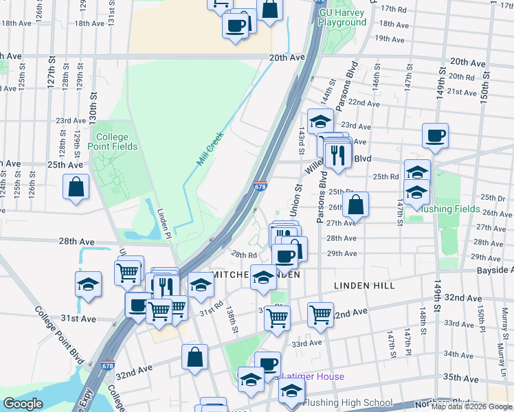 map of restaurants, bars, coffee shops, grocery stores, and more near 26-20 141st Street in Queens