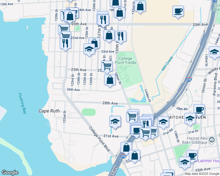 map of restaurants, bars, coffee shops, grocery stores, and more near 128-9 26th Avenue in Queens
