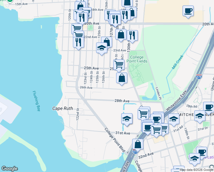 map of restaurants, bars, coffee shops, grocery stores, and more near 25-72 127th Street in Queens
