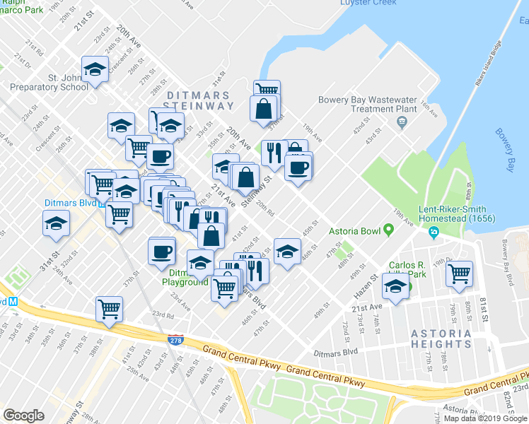 map of restaurants, bars, coffee shops, grocery stores, and more near 41-08 20th Road in Queens
