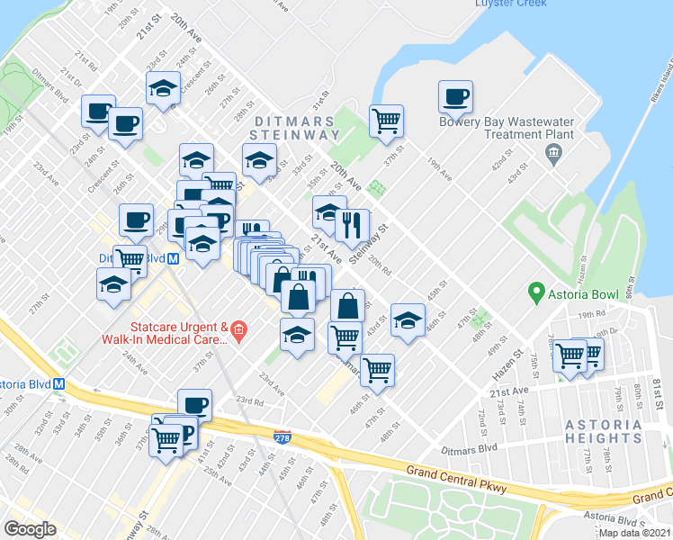 map of restaurants, bars, coffee shops, grocery stores, and more near 21-23 38th Street in Queens