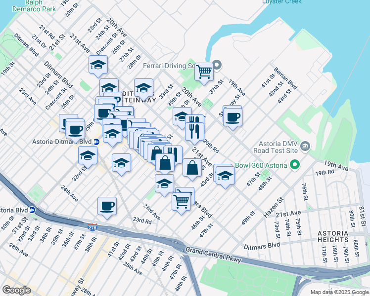 map of restaurants, bars, coffee shops, grocery stores, and more near 21-23 38th Street in Queens