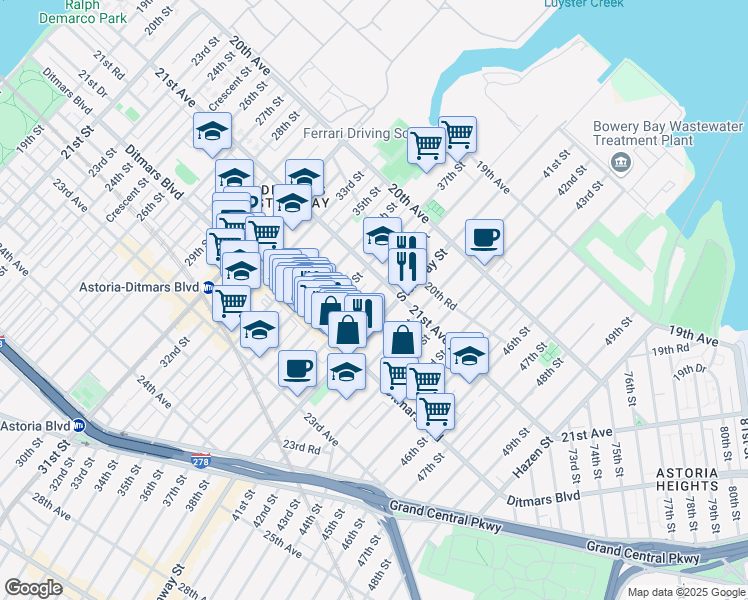 map of restaurants, bars, coffee shops, grocery stores, and more near 21-23 38th Street in Queens