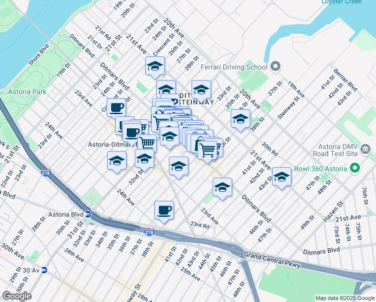 map of restaurants, bars, coffee shops, grocery stores, and more near 33-12 Ditmars Boulevard in Queens