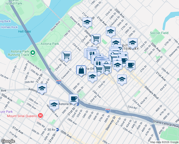 map of restaurants, bars, coffee shops, grocery stores, and more near 23-41 28th Street in Queens