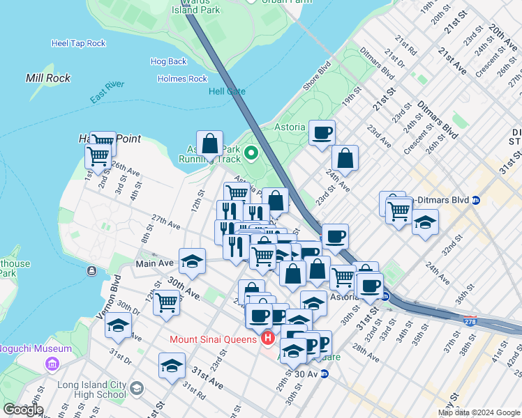 map of restaurants, bars, coffee shops, grocery stores, and more near 18-16 25th Road in Queens