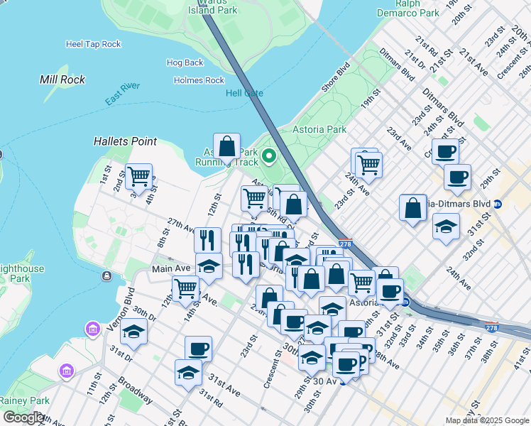 map of restaurants, bars, coffee shops, grocery stores, and more near 18-16 25th Road in Queens