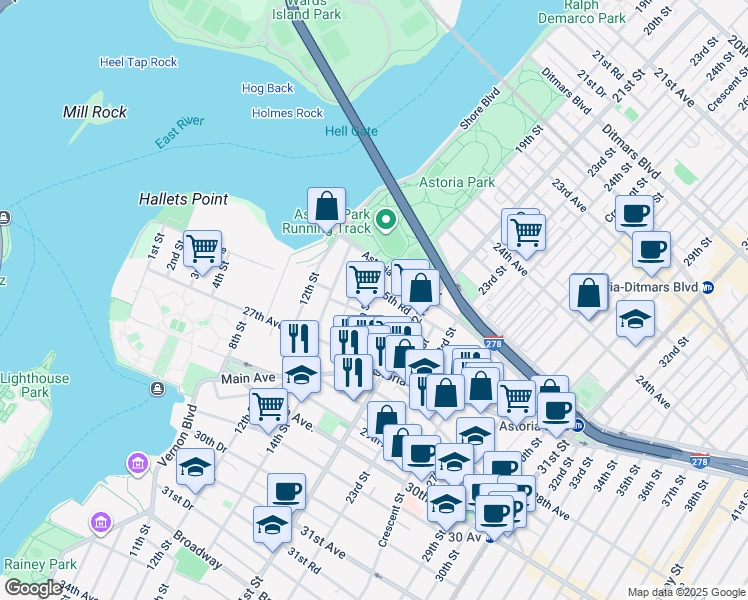 map of restaurants, bars, coffee shops, grocery stores, and more near 18-16 25th Road in Queens