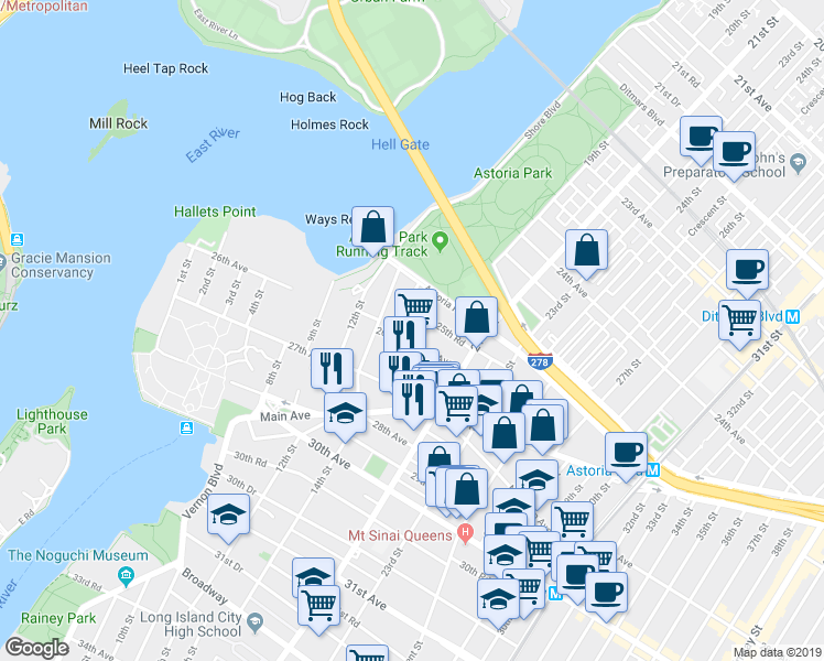map of restaurants, bars, coffee shops, grocery stores, and more near 25-54 14th Place in Queens