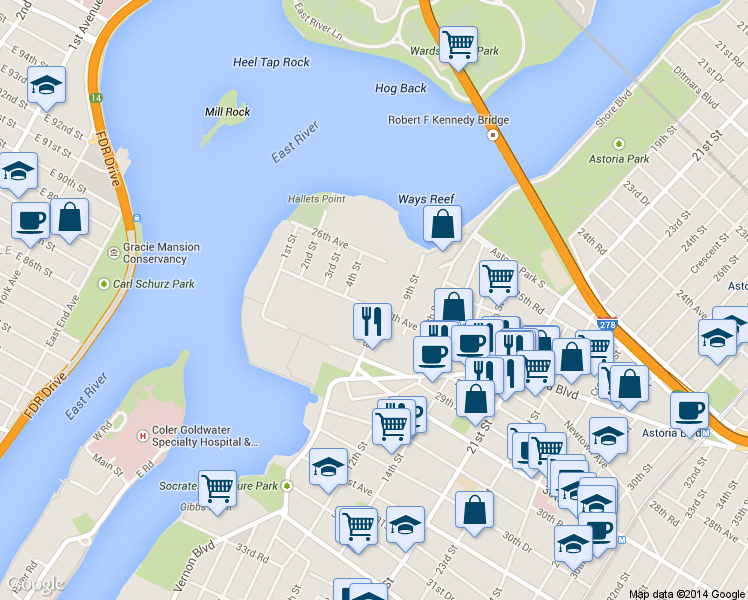 map of restaurants, bars, coffee shops, grocery stores, and more near 4-35 27th Avenue in Queens