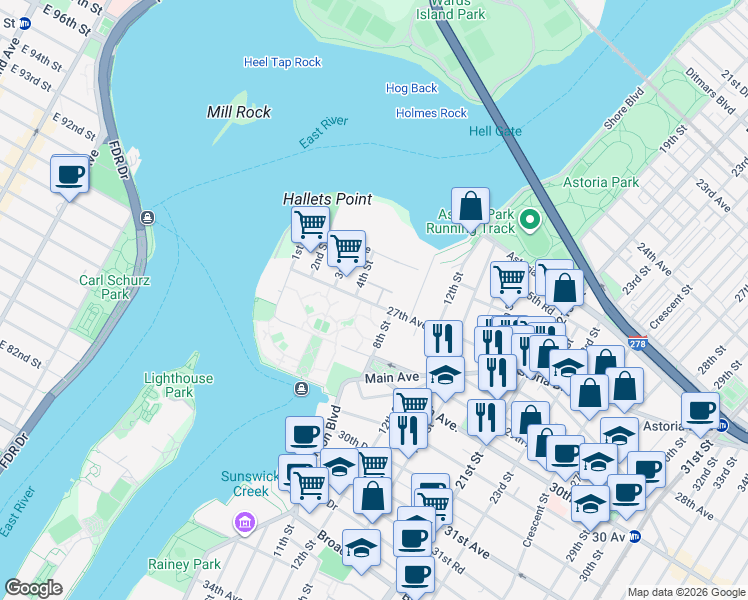 map of restaurants, bars, coffee shops, grocery stores, and more near 4-35 27th Avenue in Queens