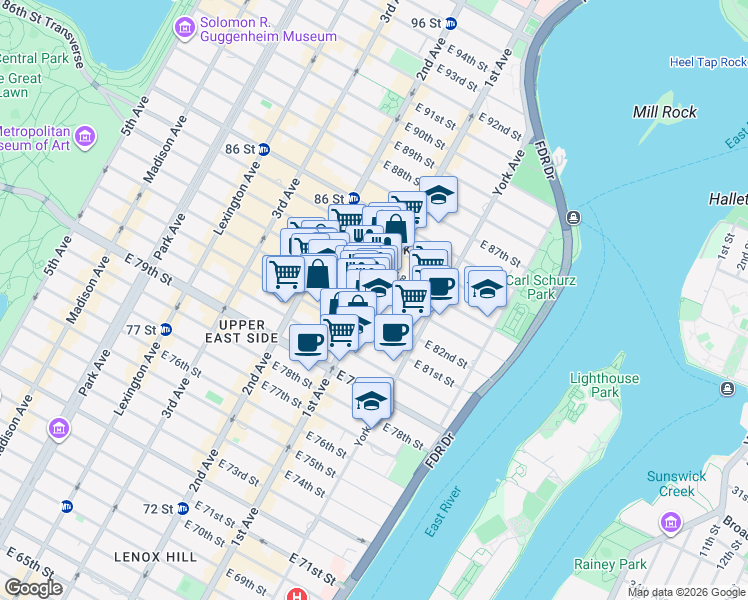 map of restaurants, bars, coffee shops, grocery stores, and more near 1582 1st Avenue in New York