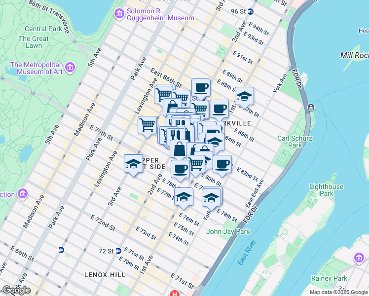 map of restaurants, bars, coffee shops, grocery stores, and more near 313 East 81st Street in New York