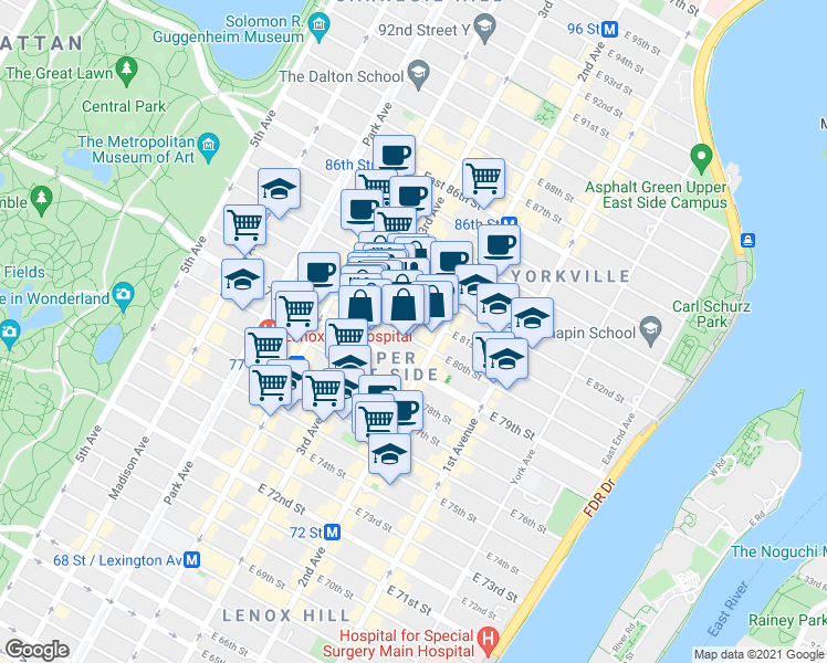 map of restaurants, bars, coffee shops, grocery stores, and more near 222 East 80th Street in New York