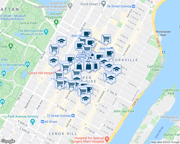 map of restaurants, bars, coffee shops, grocery stores, and more near 222 East 80th Street in New York