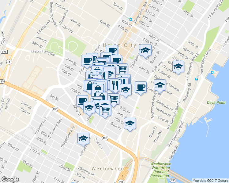map of restaurants, bars, coffee shops, grocery stores, and more near 318 38th Street in Union City