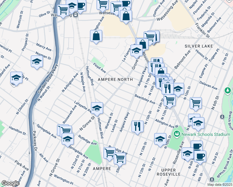 map of restaurants, bars, coffee shops, grocery stores, and more near 39 Grove Street in Bloomfield