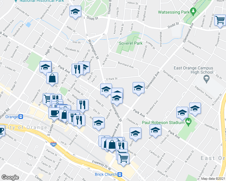 map of restaurants, bars, coffee shops, grocery stores, and more near 110 Washington Street in East Orange