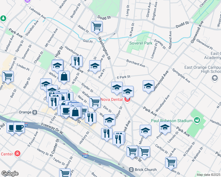 map of restaurants, bars, coffee shops, grocery stores, and more near 730 Park Avenue in East Orange