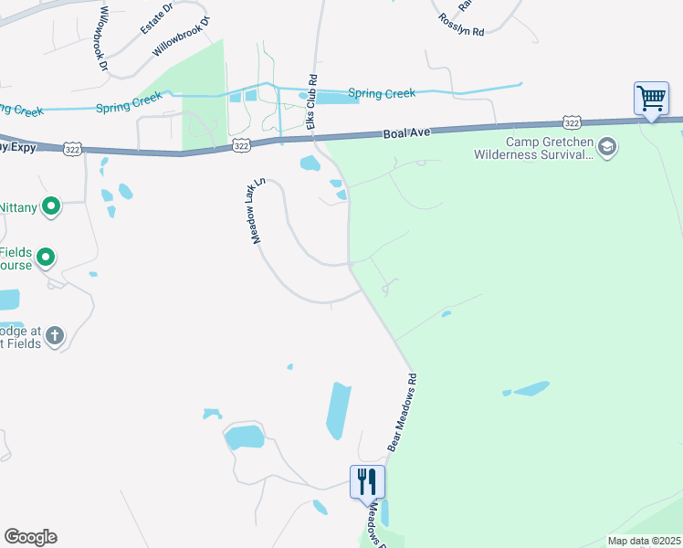 map of restaurants, bars, coffee shops, grocery stores, and more near 101 Meadow Lark Lane in Boalsburg