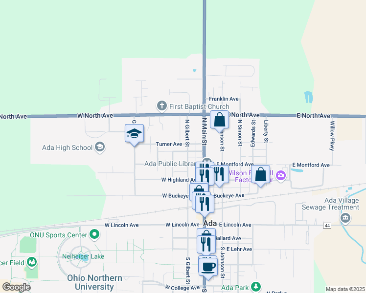 map of restaurants, bars, coffee shops, grocery stores, and more near 432 North Gilbert Street in Ada