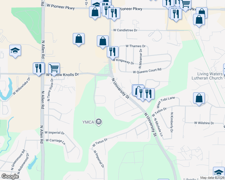 map of restaurants, bars, coffee shops, grocery stores, and more near 7217 North University Street in Peoria
