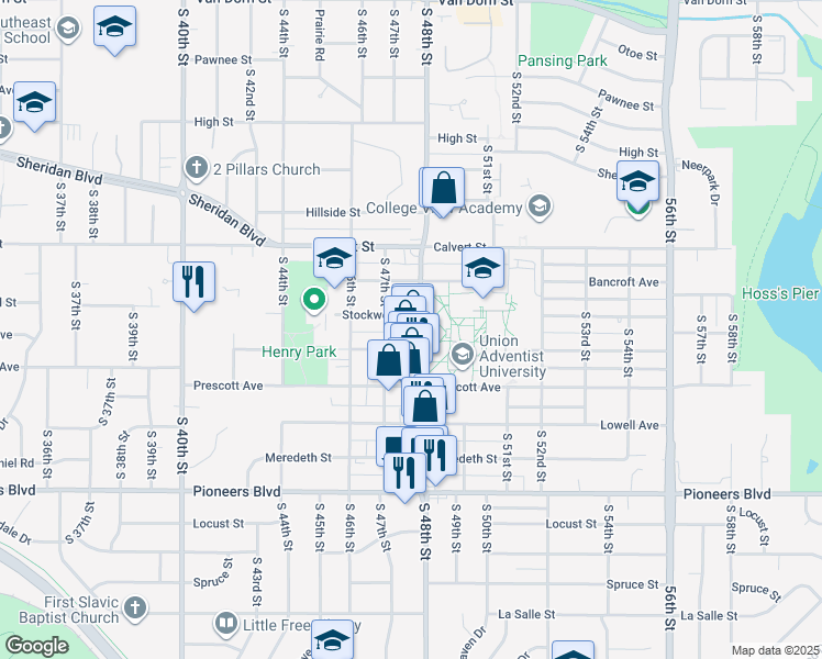 map of restaurants, bars, coffee shops, grocery stores, and more near 3833 South 48th Street in Lincoln