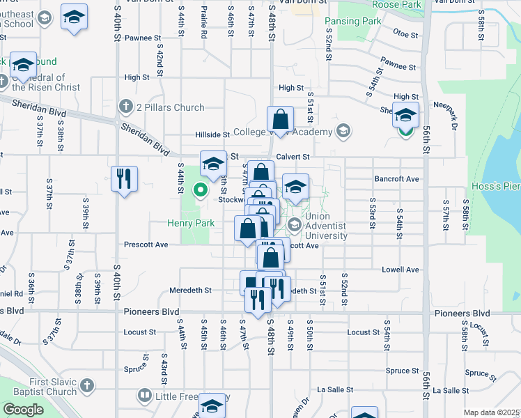 map of restaurants, bars, coffee shops, grocery stores, and more near 3833 South 48th Street in Lincoln