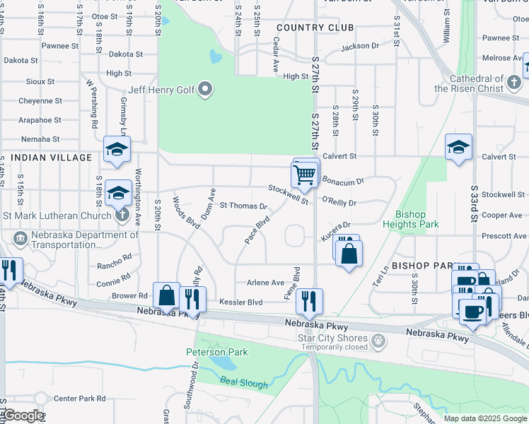 map of restaurants, bars, coffee shops, grocery stores, and more near 2535 Saint Thomas Drive in Lincoln