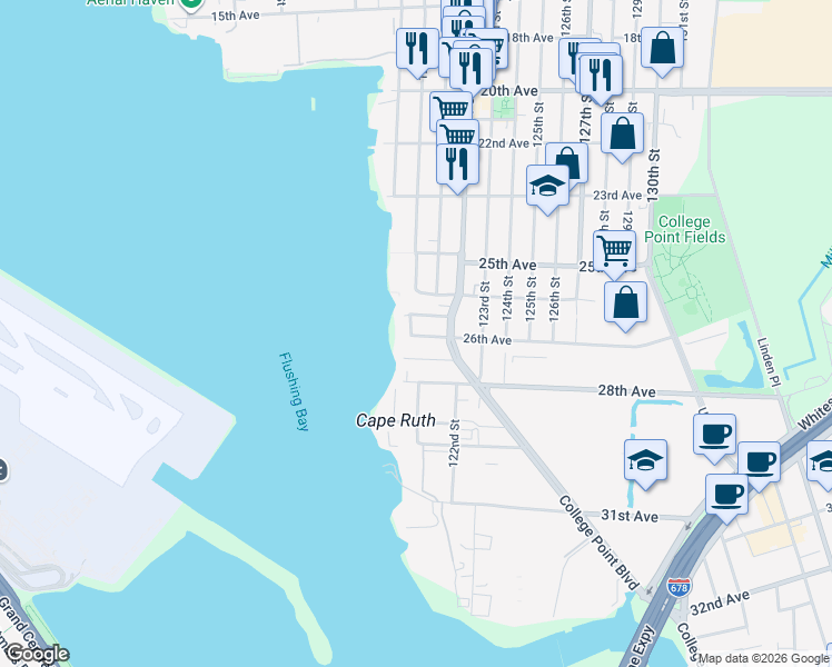 map of restaurants, bars, coffee shops, grocery stores, and more near 25 120th Street in Queens