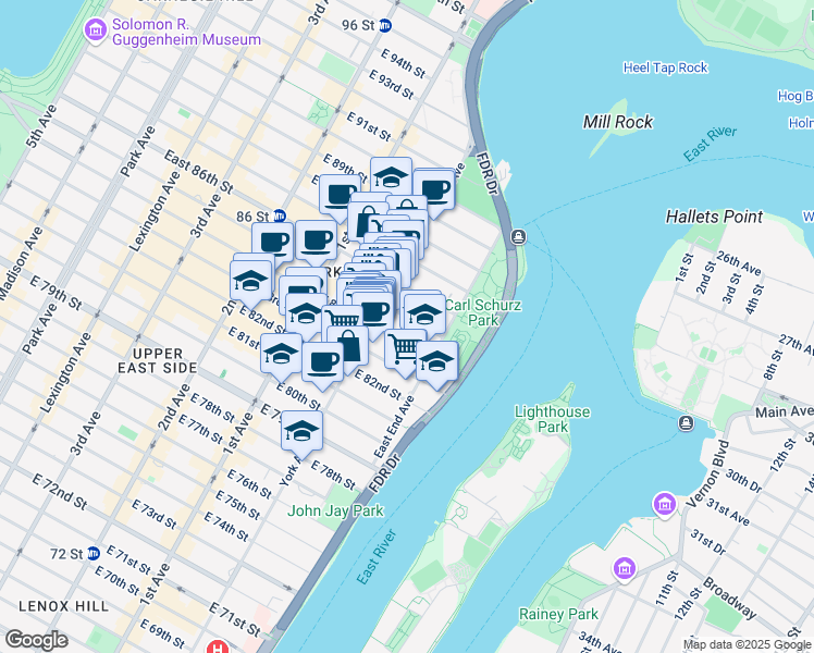 map of restaurants, bars, coffee shops, grocery stores, and more near 519 East 84th Street in New York