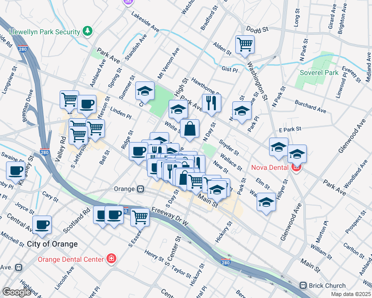 map of restaurants, bars, coffee shops, grocery stores, and more near 80 North Essex Avenue in City of Orange