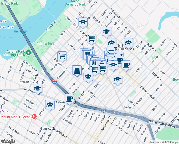 map of restaurants, bars, coffee shops, grocery stores, and more near 23-30 29th Street in Queens