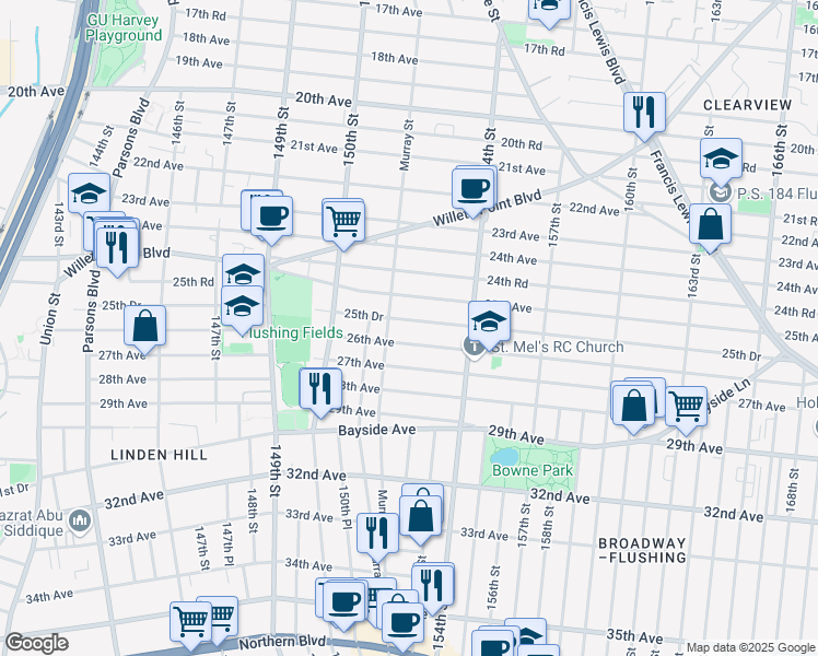 map of restaurants, bars, coffee shops, grocery stores, and more near 151-20 25th Drive in Queens