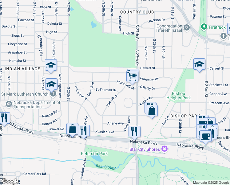 map of restaurants, bars, coffee shops, grocery stores, and more near 2535 Saint Thomas Drive in Lincoln