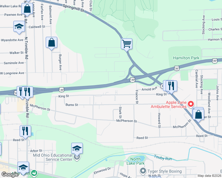 map of restaurants, bars, coffee shops, grocery stores, and more near 690 King Street in Mansfield