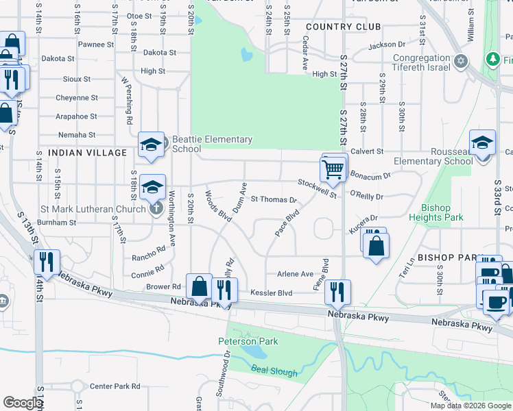 map of restaurants, bars, coffee shops, grocery stores, and more near 3910 Dunn Avenue in Lincoln