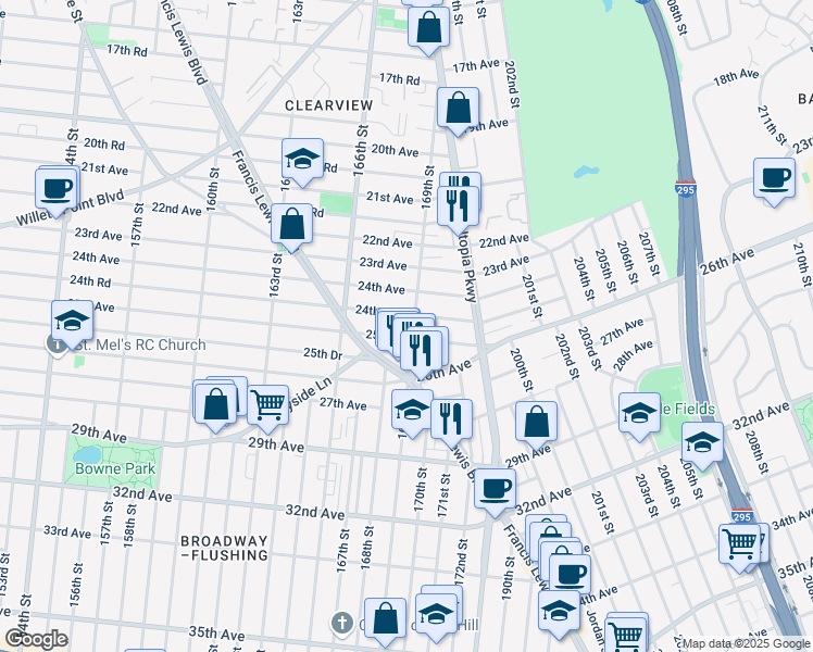 map of restaurants, bars, coffee shops, grocery stores, and more near 24-39 169th Street in Queens