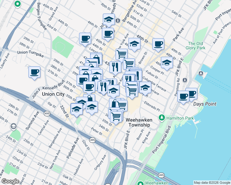 map of restaurants, bars, coffee shops, grocery stores, and more near 125 40th Street in Union City