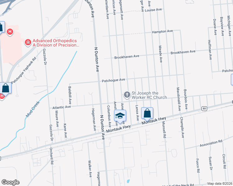 map of restaurants, bars, coffee shops, grocery stores, and more near 516 Americus Avenue in East Patchogue