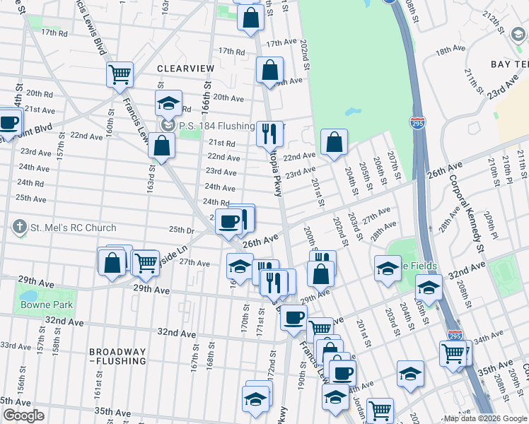 map of restaurants, bars, coffee shops, grocery stores, and more near 169-36 24th Road in Queens