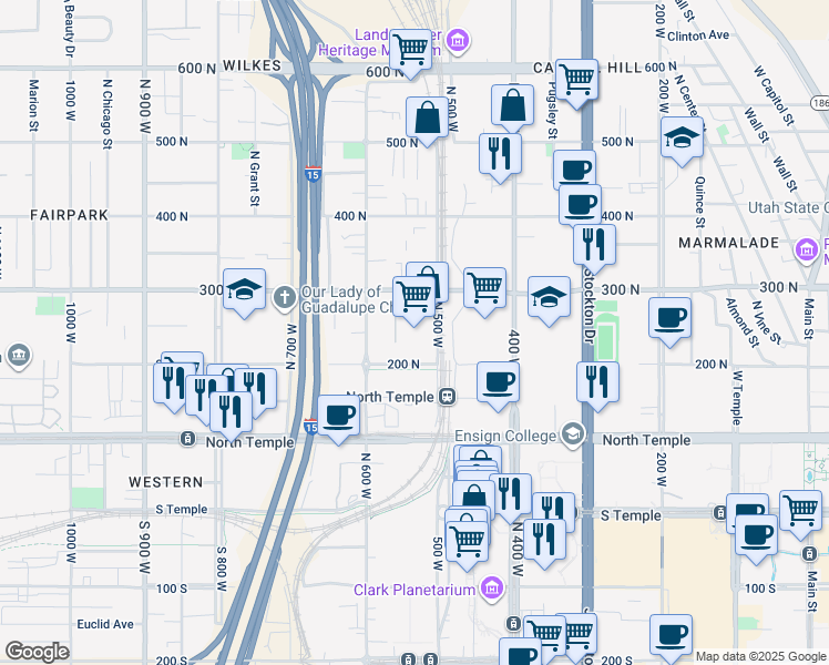 map of restaurants, bars, coffee shops, grocery stores, and more near 235 North 500 West in Salt Lake City